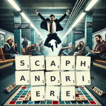 Illustration créative d'un jeu de lettres avec le mot SCAPHANDRIERE épelé sur le plateau.