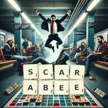 Illustration créative d'un jeu de lettres avec le mot SCARABEE épelé sur le plateau.