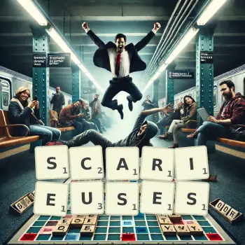 Illustration créative d'un jeu de lettres avec le mot SCARIEUSES épelé sur le plateau.