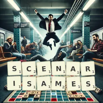 Illustration créative d'un jeu de lettres avec le mot SCENARISAMES épelé sur le plateau.
