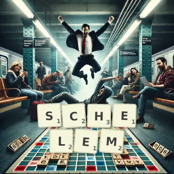 Illustration créative d'un jeu de lettres avec le mot SCHELEM épelé sur le plateau.