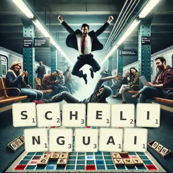 Illustration créative d'un jeu de lettres avec le mot SCHELINGUAI épelé sur le plateau.