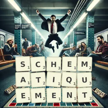 Illustration créative d'un jeu de lettres avec le mot SCHEMATIQUEMENT épelé sur le plateau.