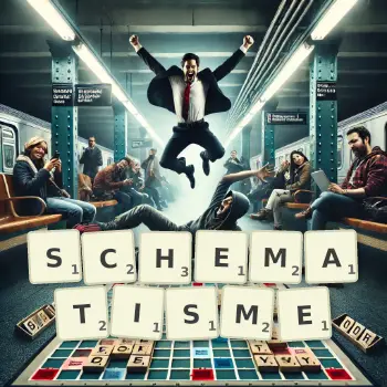Illustration créative d'un jeu de lettres avec le mot SCHEMATISME épelé sur le plateau.