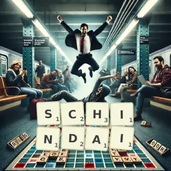 Illustration créative d'un jeu de lettres avec le mot SCHINDAI épelé sur le plateau.