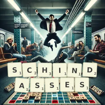 Illustration créative d'un jeu de lettres avec le mot SCHINDASSES épelé sur le plateau.
