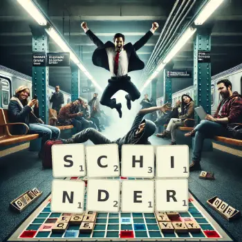 Illustration créative d'un jeu de lettres avec le mot SCHINDER épelé sur le plateau.