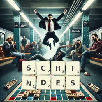 Illustration créative d'un jeu de lettres avec le mot SCHINDES épelé sur le plateau.