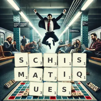 Illustration créative d'un jeu de lettres avec le mot SCHISMATIQUES épelé sur le plateau.