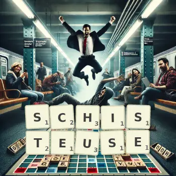 Illustration créative d'un jeu de lettres avec le mot SCHISTEUSE épelé sur le plateau.