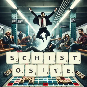 Illustration créative d'un jeu de lettres avec le mot SCHISTOSITE épelé sur le plateau.