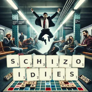 Illustration créative d'un jeu de lettres avec le mot SCHIZOIDIES épelé sur le plateau.
