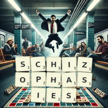 Illustration créative d'un jeu de lettres avec le mot SCHIZOPHASIES épelé sur le plateau.