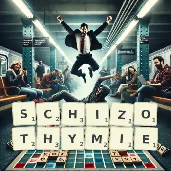 Illustration créative d'un jeu de lettres avec le mot SCHIZOTHYMIE épelé sur le plateau.