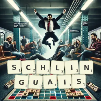 Illustration créative d'un jeu de lettres avec le mot SCHLINGUAIS épelé sur le plateau.