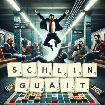 Illustration créative d'un jeu de lettres avec le mot SCHLINGUAIT épelé sur le plateau.