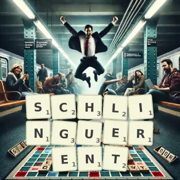 Illustration créative d'un jeu de lettres avec le mot SCHLINGUERENT épelé sur le plateau.
