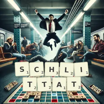 Illustration créative d'un jeu de lettres avec le mot SCHLITTAT épelé sur le plateau.
