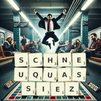 Illustration créative d'un jeu de lettres avec le mot SCHNEUQUASSIEZ épelé sur le plateau.