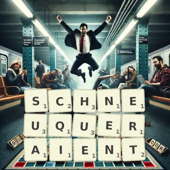 Illustration créative d'un jeu de lettres avec le mot SCHNEUQUERAIENT épelé sur le plateau.