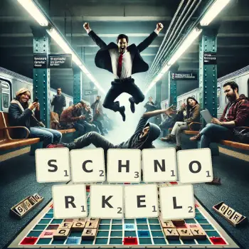 Illustration créative d'un jeu de lettres avec le mot SCHNORKEL épelé sur le plateau.