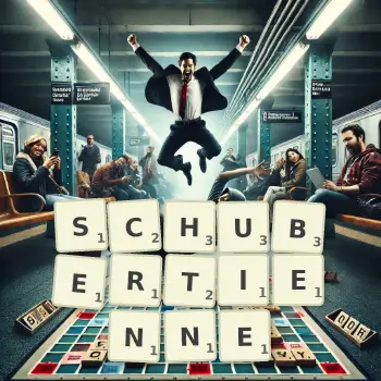 Illustration créative d'un jeu de lettres avec le mot SCHUBERTIENNE épelé sur le plateau.