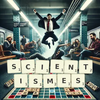 Illustration créative d'un jeu de lettres avec le mot SCIENTISMES épelé sur le plateau.