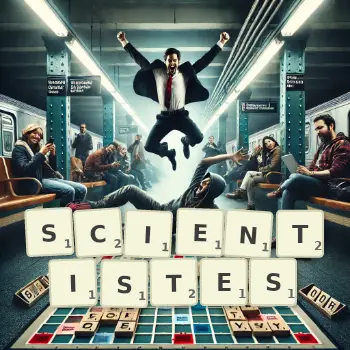 Illustration créative d'un jeu de lettres avec le mot SCIENTISTES épelé sur le plateau.