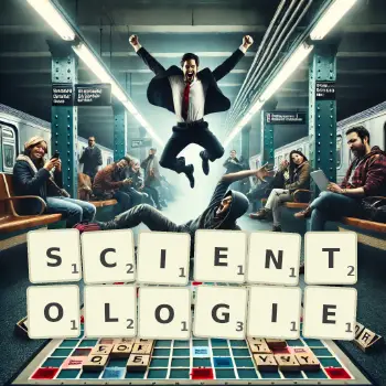 Illustration créative d'un jeu de lettres avec le mot SCIENTOLOGIE épelé sur le plateau.