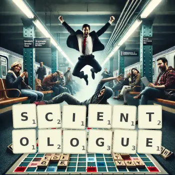 Illustration créative d'un jeu de lettres avec le mot SCIENTOLOGUE épelé sur le plateau.