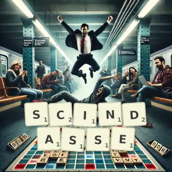 Illustration créative d'un jeu de lettres avec le mot SCINDASSE épelé sur le plateau.