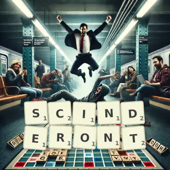 Illustration créative d'un jeu de lettres avec le mot SCINDERONT épelé sur le plateau.