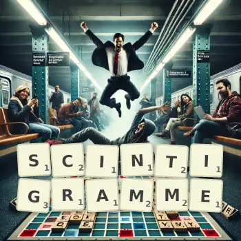 Illustration créative d'un jeu de lettres avec le mot SCINTIGRAMME épelé sur le plateau.