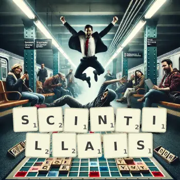 Illustration créative d'un jeu de lettres avec le mot SCINTILLAIS épelé sur le plateau.