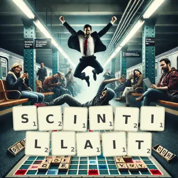 Illustration créative d'un jeu de lettres avec le mot SCINTILLAIT épelé sur le plateau.