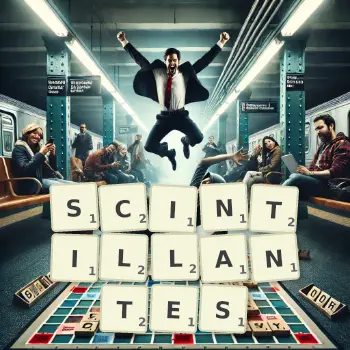 Illustration créative d'un jeu de lettres avec le mot SCINTILLANTES épelé sur le plateau.