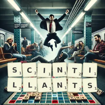 Illustration créative d'un jeu de lettres avec le mot SCINTILLANTS épelé sur le plateau.