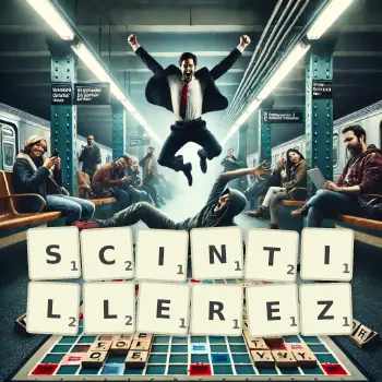 Illustration créative d'un jeu de lettres avec le mot SCINTILLEREZ épelé sur le plateau.