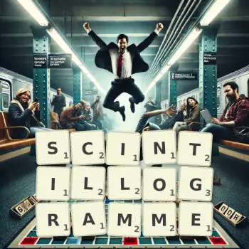 Illustration créative d'un jeu de lettres avec le mot SCINTILLOGRAMME épelé sur le plateau.