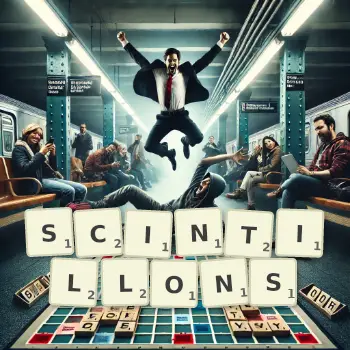 Illustration créative d'un jeu de lettres avec le mot SCINTILLONS épelé sur le plateau.