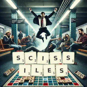 Illustration créative d'un jeu de lettres avec le mot SCISSILES épelé sur le plateau.