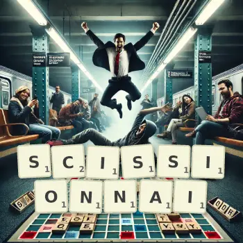 Illustration créative d'un jeu de lettres avec le mot SCISSIONNAI épelé sur le plateau.