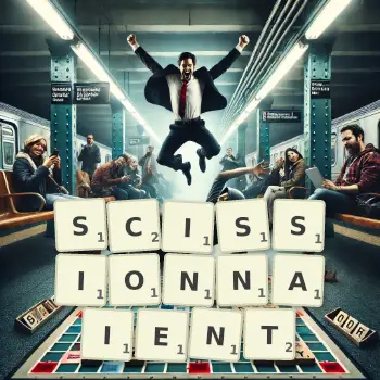 Illustration créative d'un jeu de lettres avec le mot SCISSIONNAIENT épelé sur le plateau.