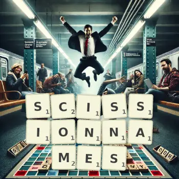 Illustration créative d'un jeu de lettres avec le mot SCISSIONNAMES épelé sur le plateau.