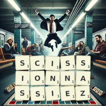 Illustration créative d'un jeu de lettres avec le mot SCISSIONNASSIEZ épelé sur le plateau.