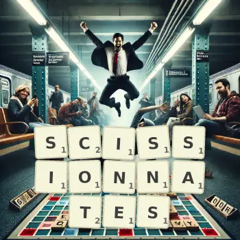 Illustration créative d'un jeu de lettres avec le mot SCISSIONNATES épelé sur le plateau.