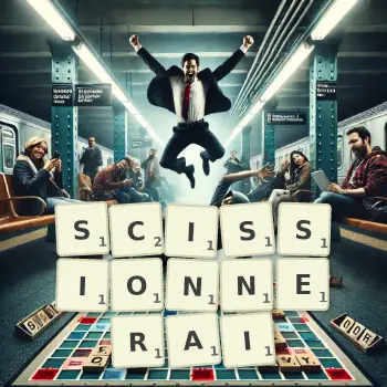 Illustration créative d'un jeu de lettres avec le mot SCISSIONNERAI épelé sur le plateau.