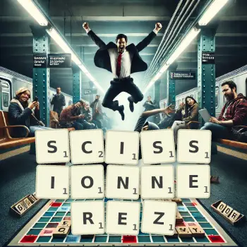 Illustration créative d'un jeu de lettres avec le mot SCISSIONNEREZ épelé sur le plateau.
