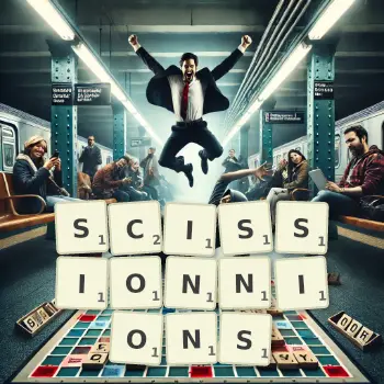 Illustration créative d'un jeu de lettres avec le mot SCISSIONNIONS épelé sur le plateau.