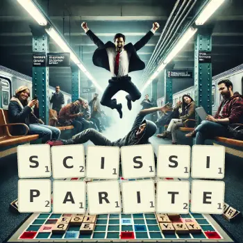 Illustration créative d'un jeu de lettres avec le mot SCISSIPARITE épelé sur le plateau.